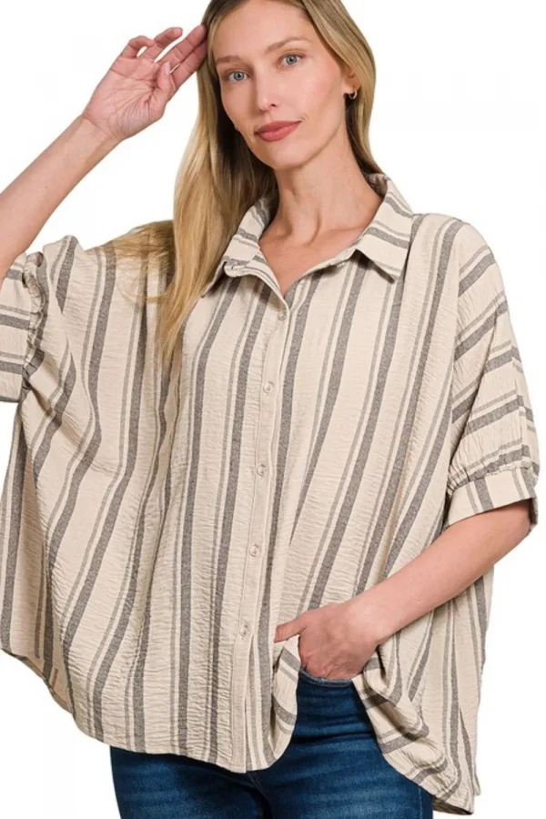 Woven Yarn-Dye Stripe Oversized Button Down Shirt - Taupe